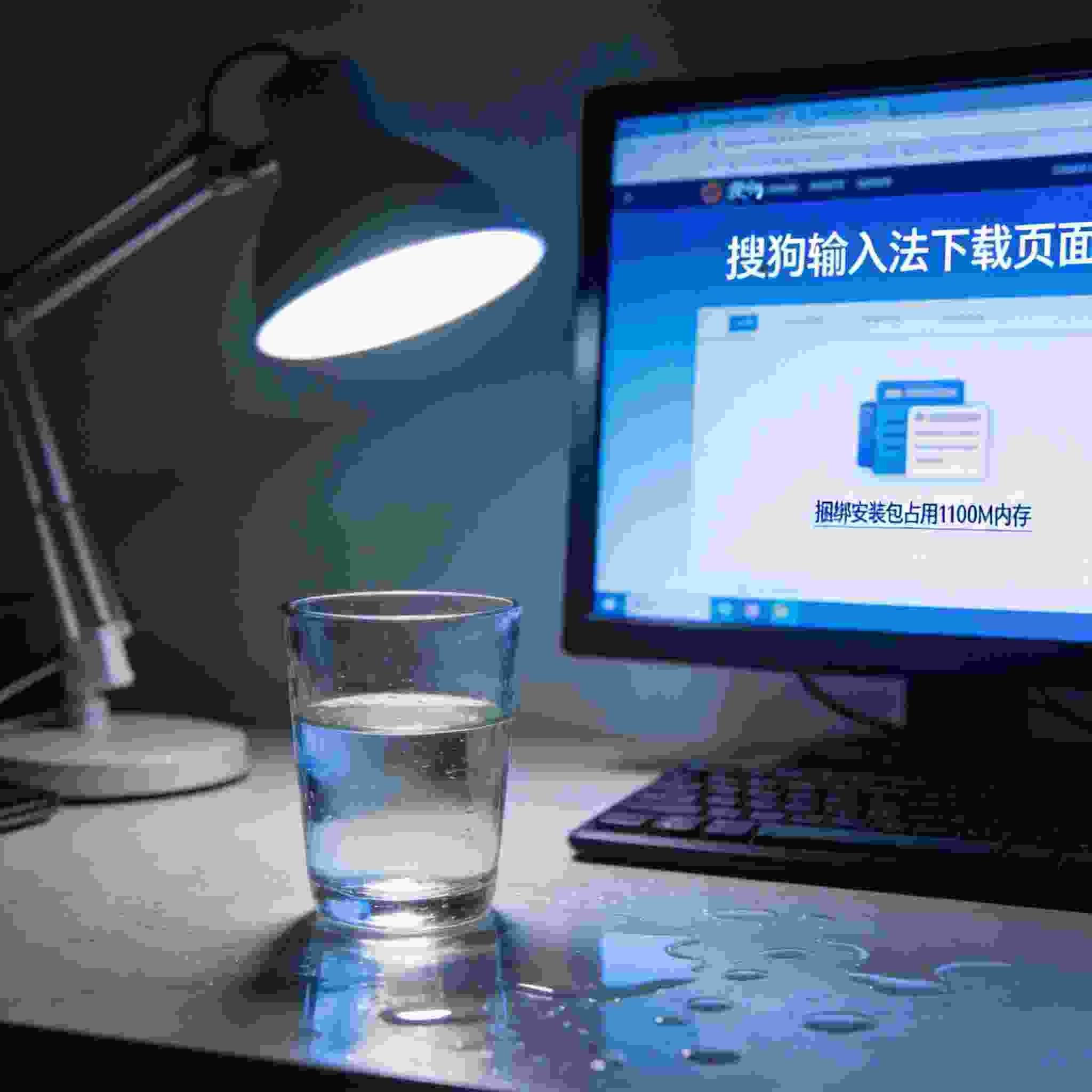 电脑屏幕显示第三方软件站的搜狗拼音输入法下载页面，下方标注捆绑安装包占用1100M内存，桌面放着半杯凉白开，台灯冷光
