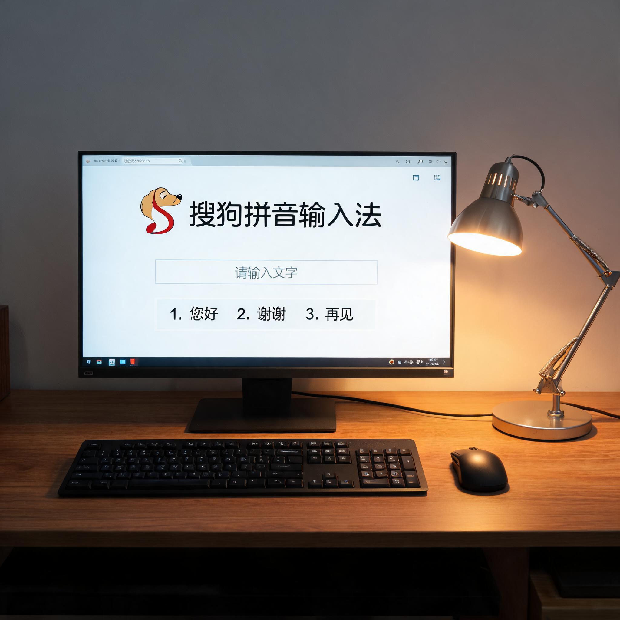 电脑桌上的电脑，屏幕显示搜狗拼音界面，旁边放着台灯