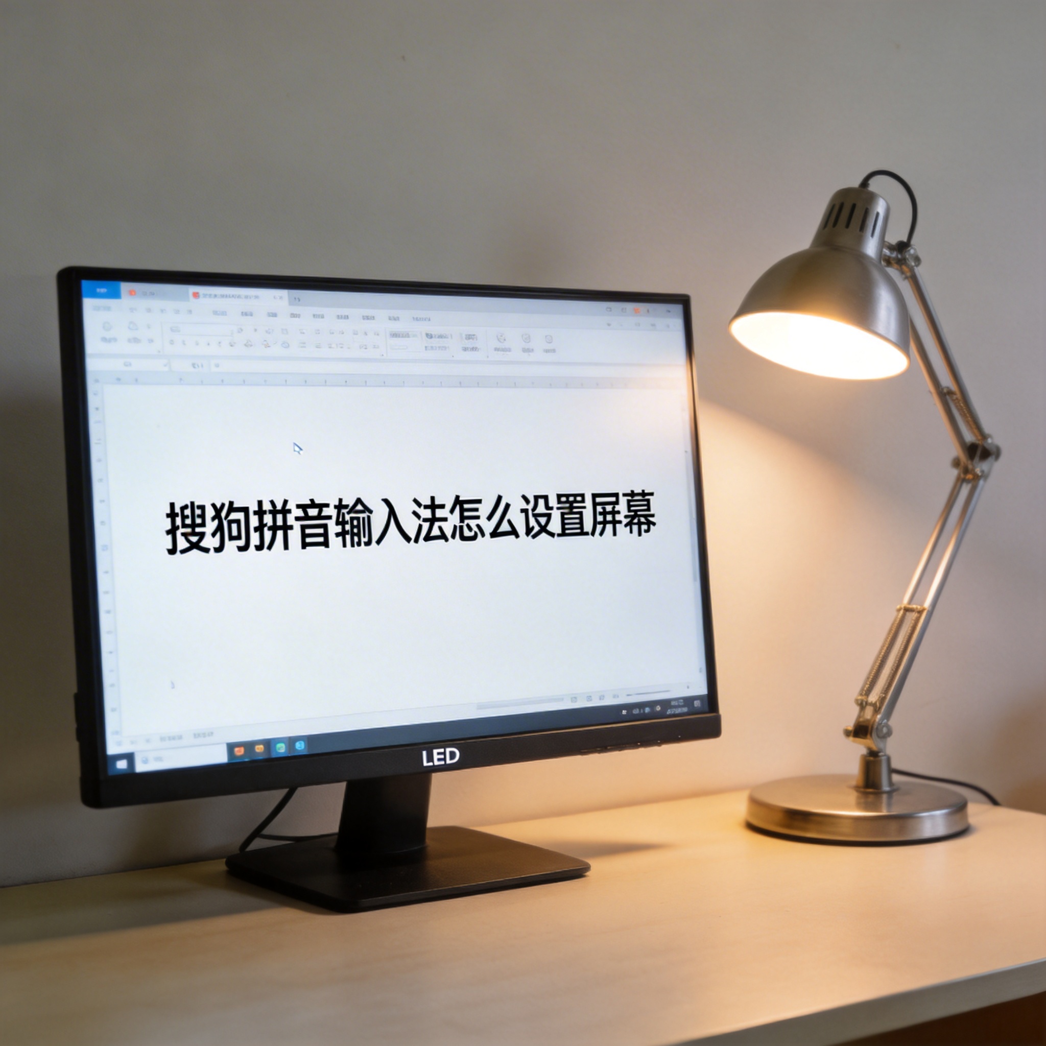 电脑桌上的屏幕，屏幕显示搜狗拼音输入法怎么设置屏幕，旁边放着台灯