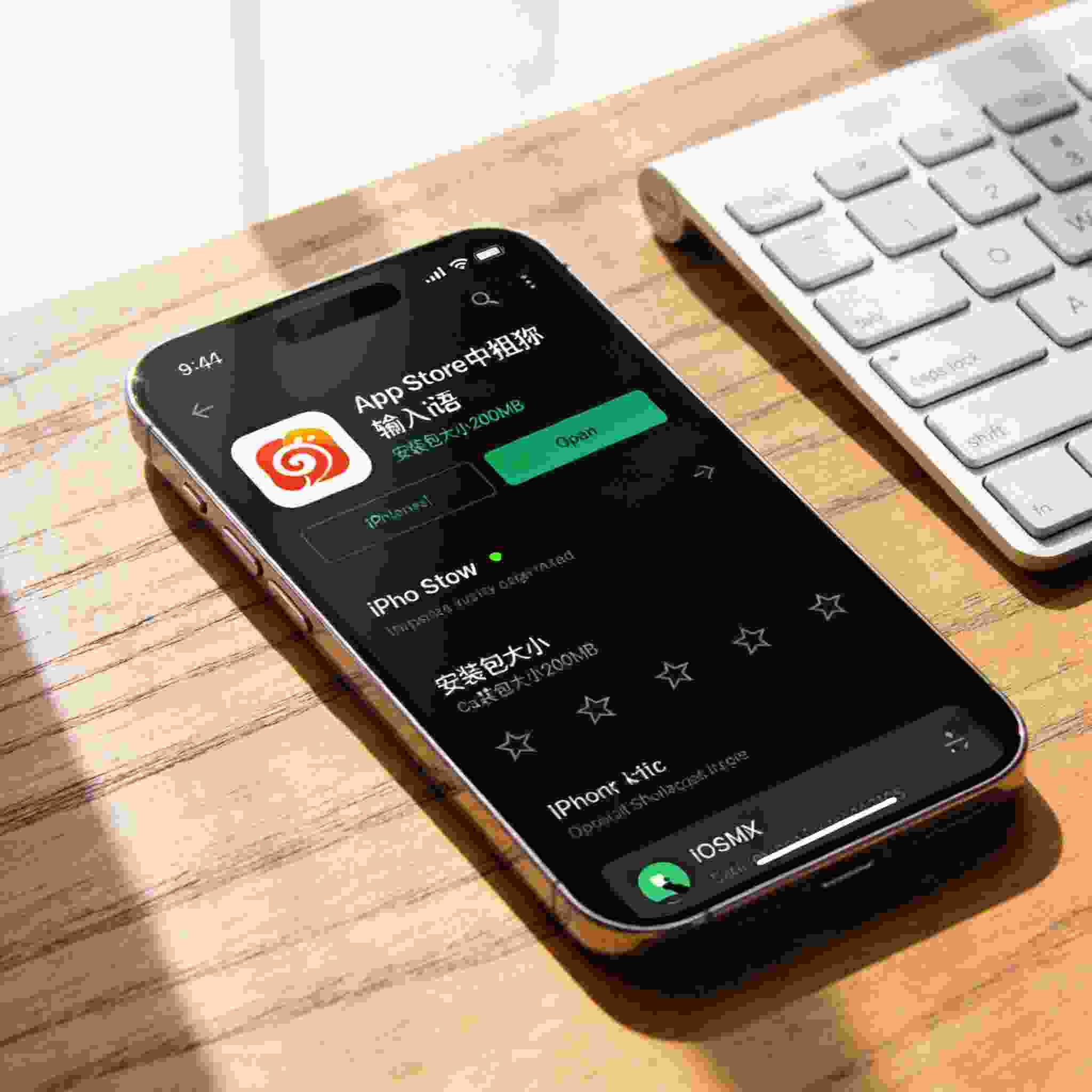 桌面摆放的iPhone，屏幕显示App Store里搜狗拼音输入法iOS版的下载界面，标注安装包大小200MB，旁边放着无线键盘，室内自然光