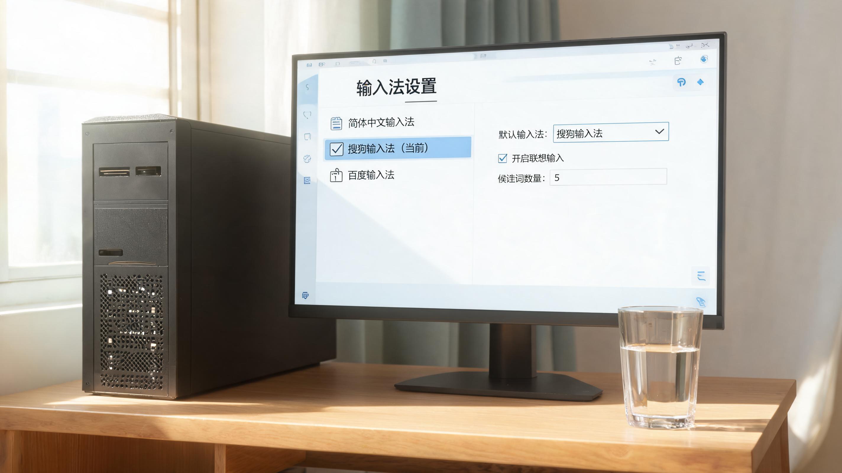 书桌上的主机，屏幕显示输入法设置界面，桌角放着水杯，自然光