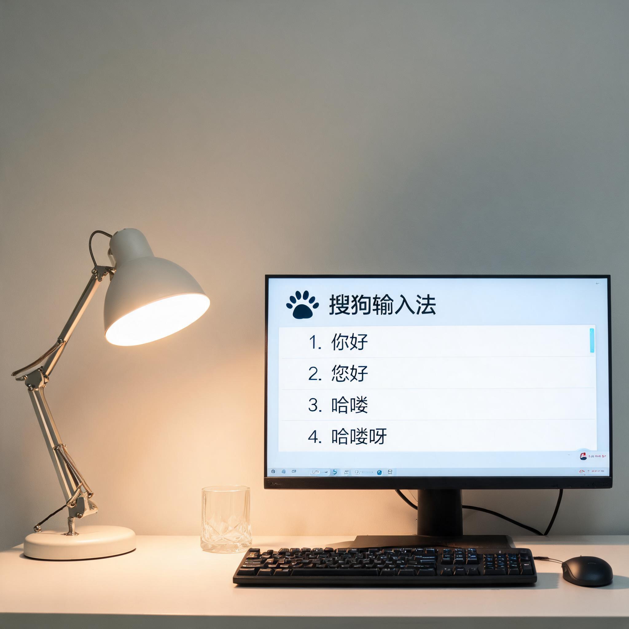 电脑桌上的电脑，屏幕显示搜狗输入法界面，旁边放着台灯