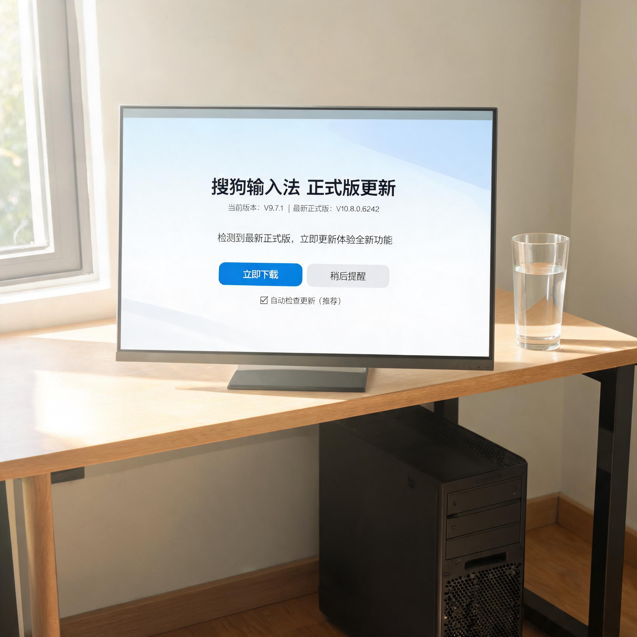 书桌上的主机，屏幕显示搜狗输入法正式版更新下载设置界面，桌角放着水杯，自然光