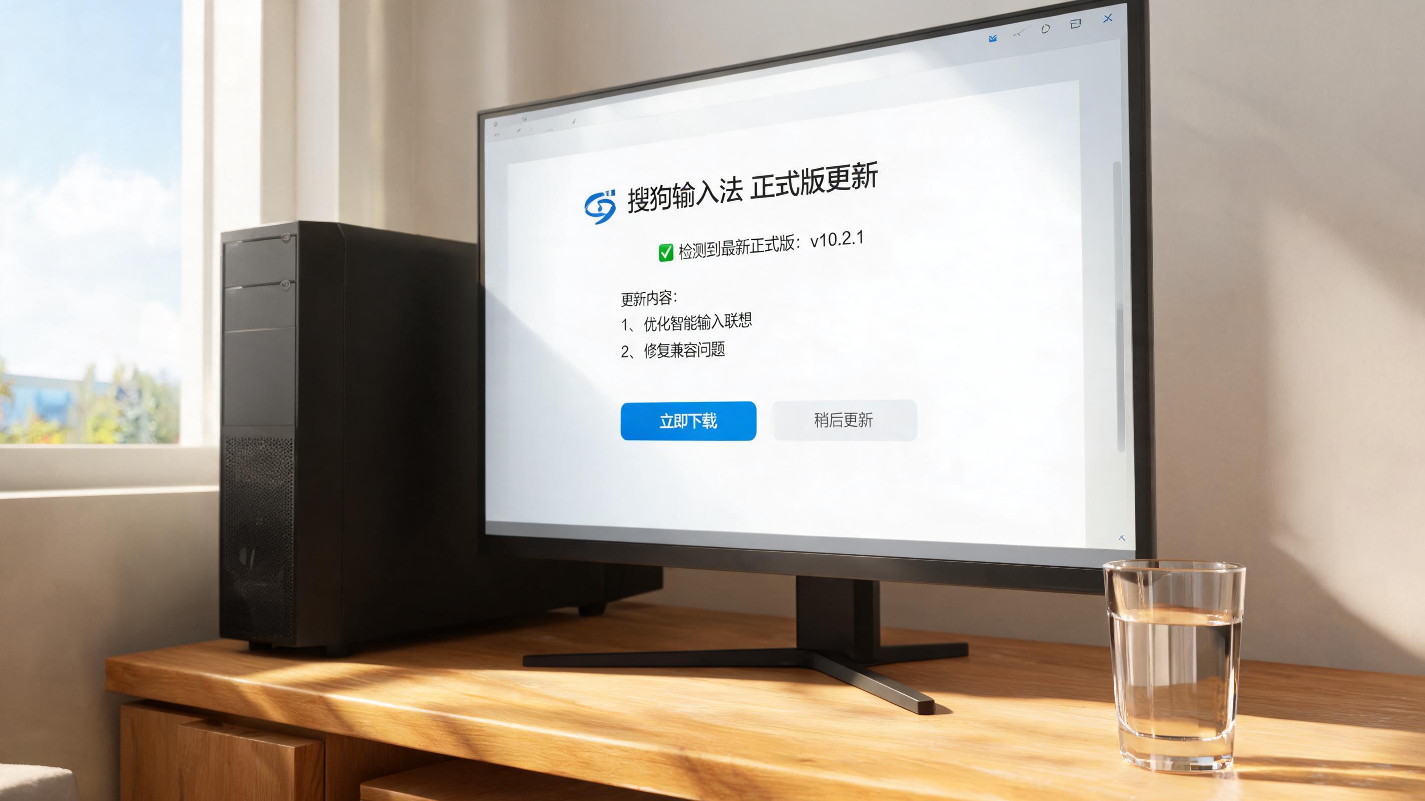 书桌上的主机，屏幕显示搜狗输入法正式版更新下载设置界面，桌角放着水杯，自然光