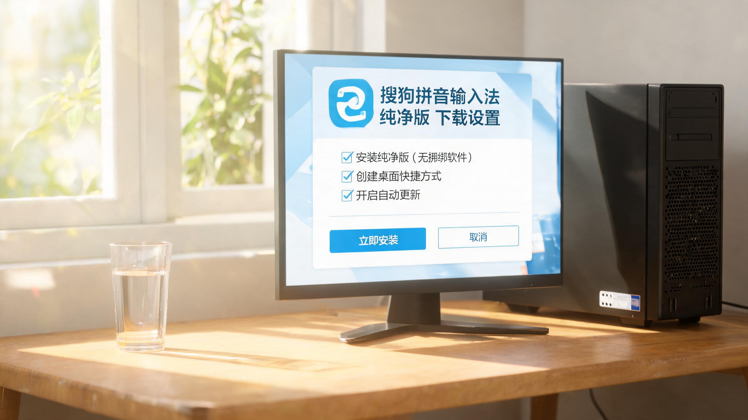 书桌上的主机，屏幕显示搜狗拼音输入法纯净版下载设置界面，桌角放着水杯，自然光