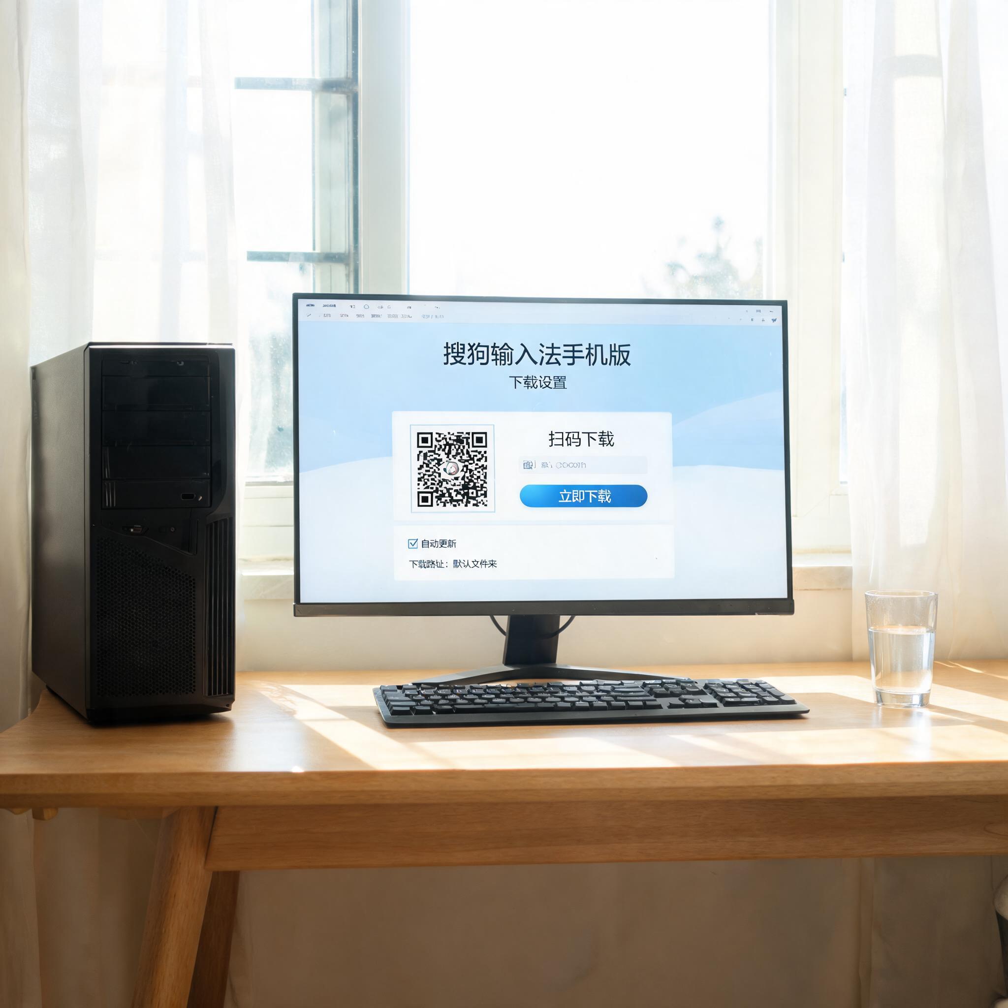 书桌上的主机，屏幕显示搜狗输入法手机版下载设置界面，桌角放着水杯，自然光