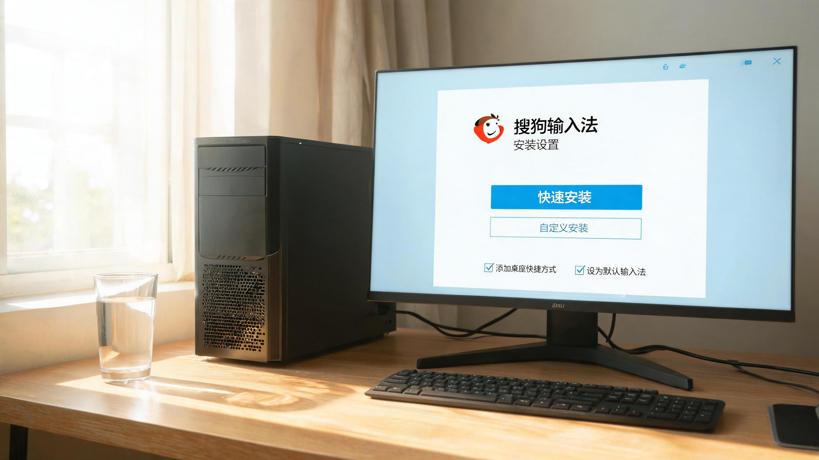 书桌上的主机，屏幕显示电脑搜狗输入法下载安装设置界面，桌角放着水杯，自然光