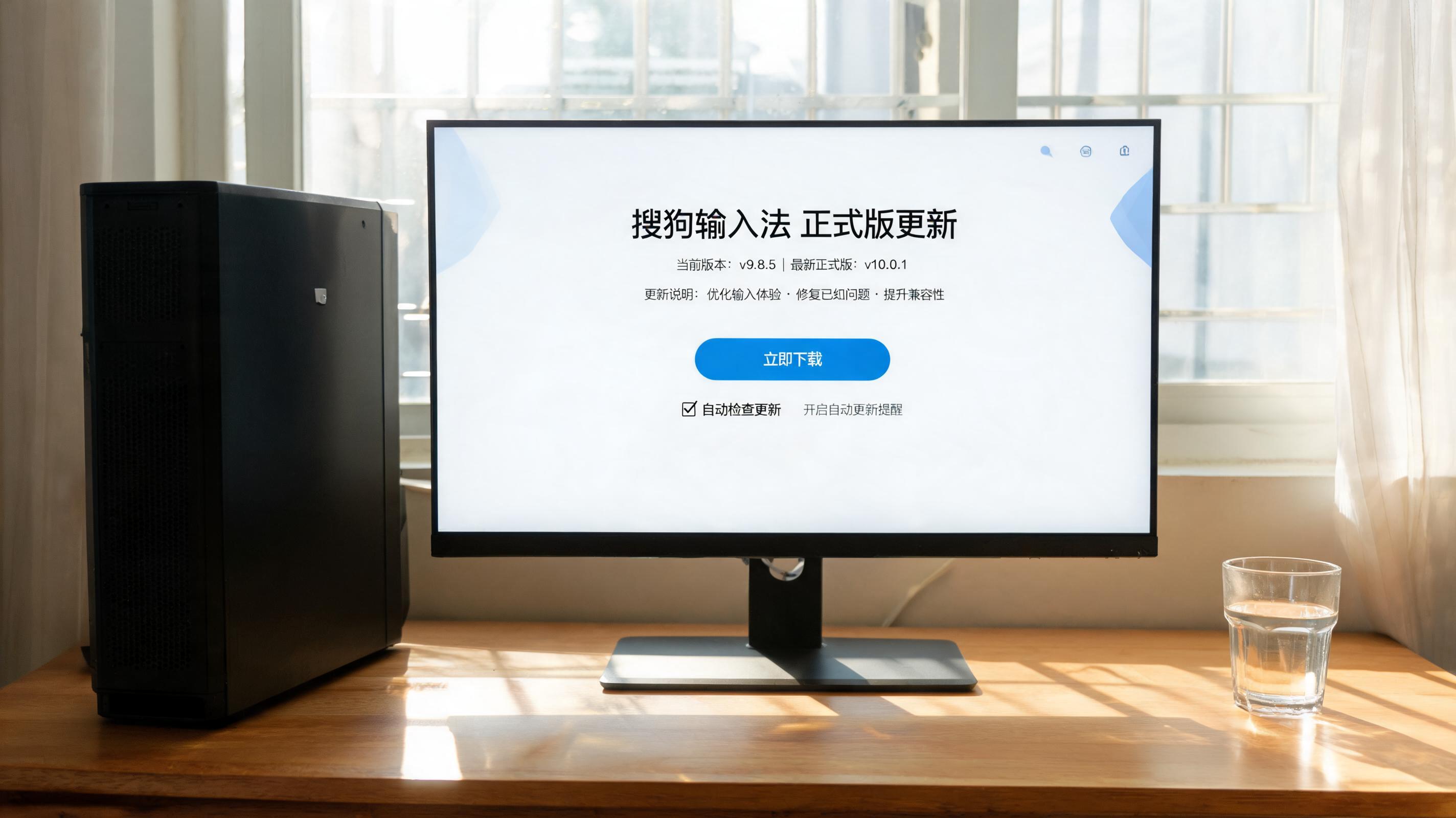 书桌上的主机，屏幕显示搜狗输入法正式版更新下载设置界面，桌角放着水杯，自然光