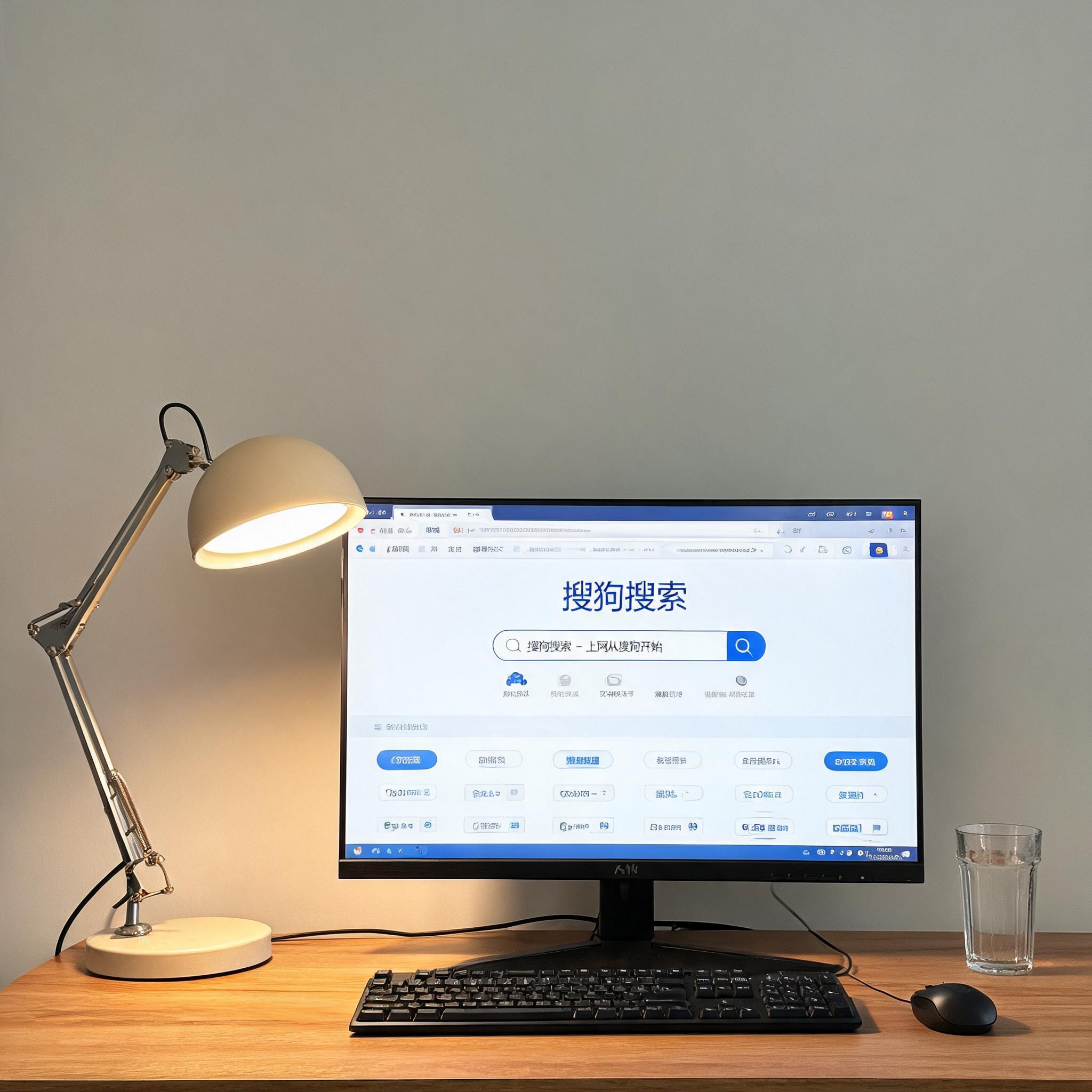 电脑桌上的电脑，屏幕显示搜狗界面，旁边放着台灯