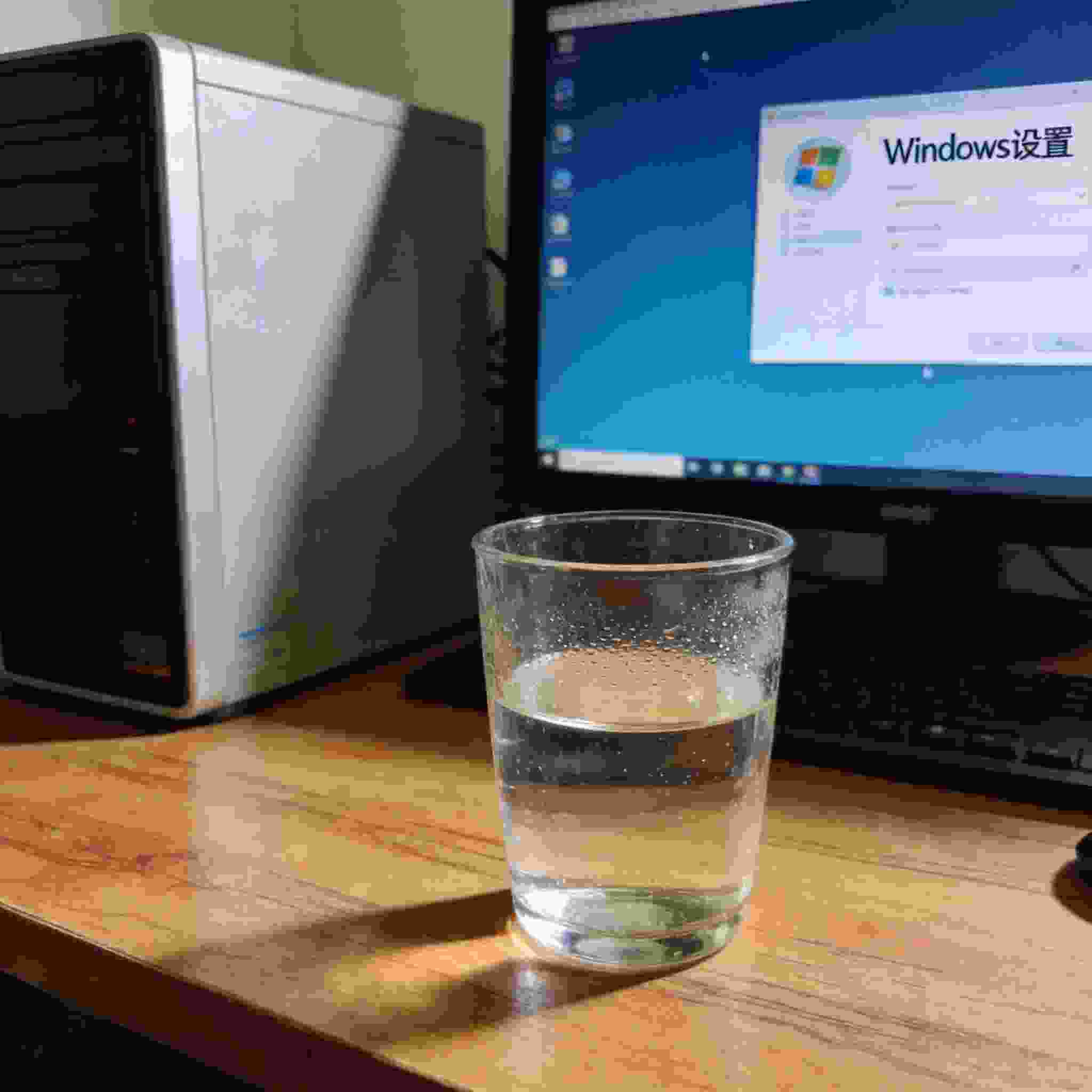 书桌上的主机，屏幕显示Windows设置界面，桌角放着水杯，自然光