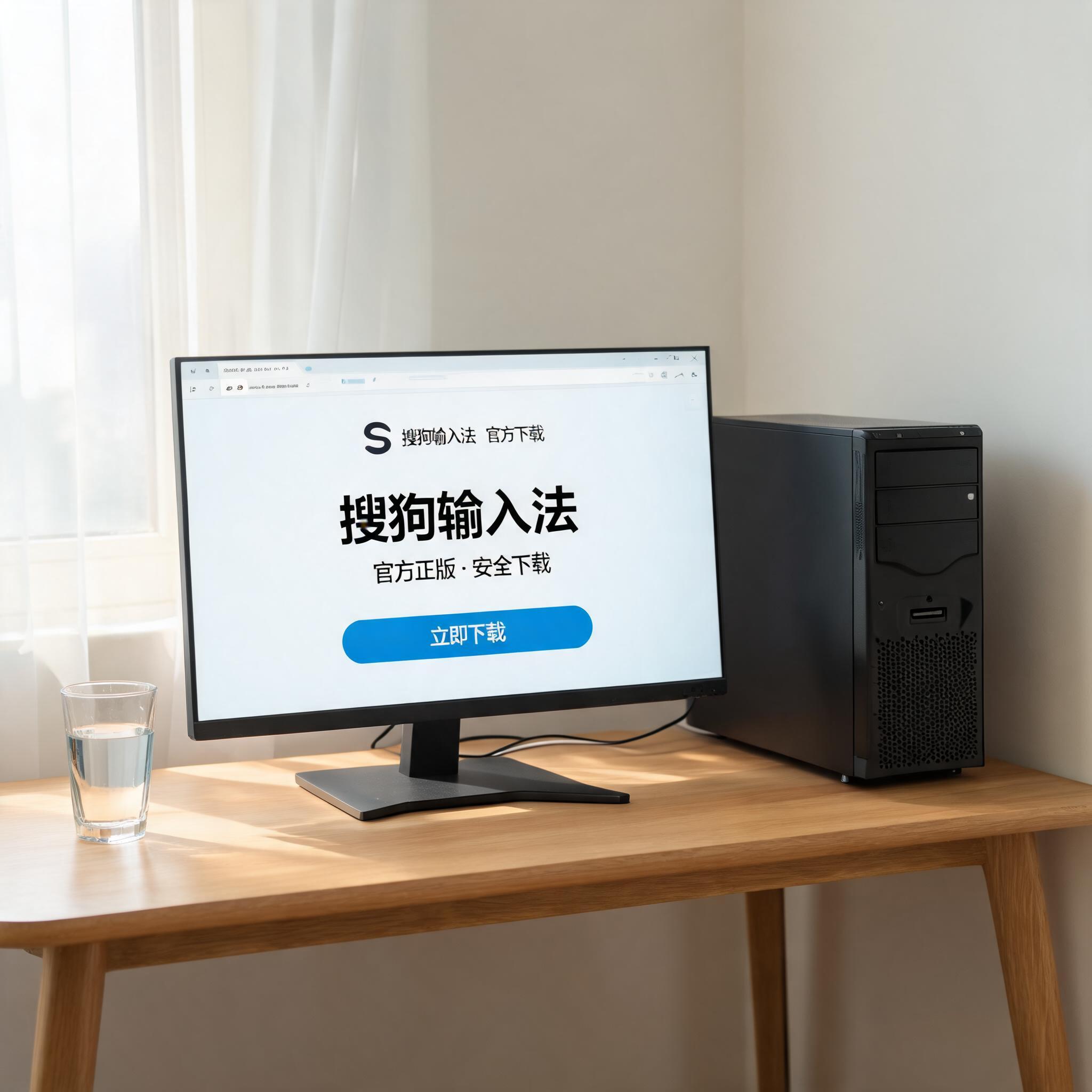 书桌上的主机，屏幕显示搜狗输入法官方下载设置界面，桌角放着水杯，自然光