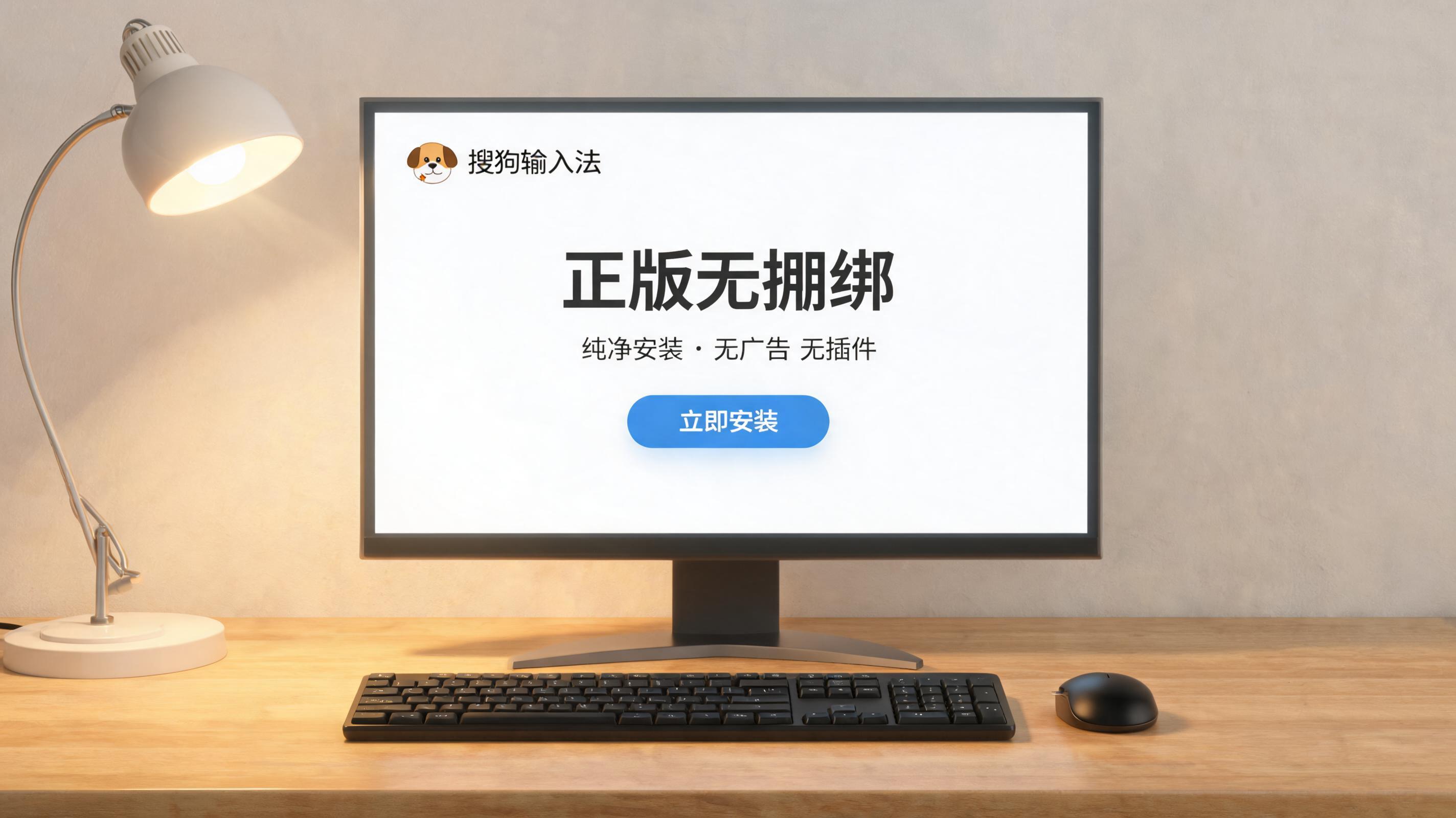 电脑桌上的电脑，屏幕显示搜狗输入法正版无捆绑界面，旁边放着台灯