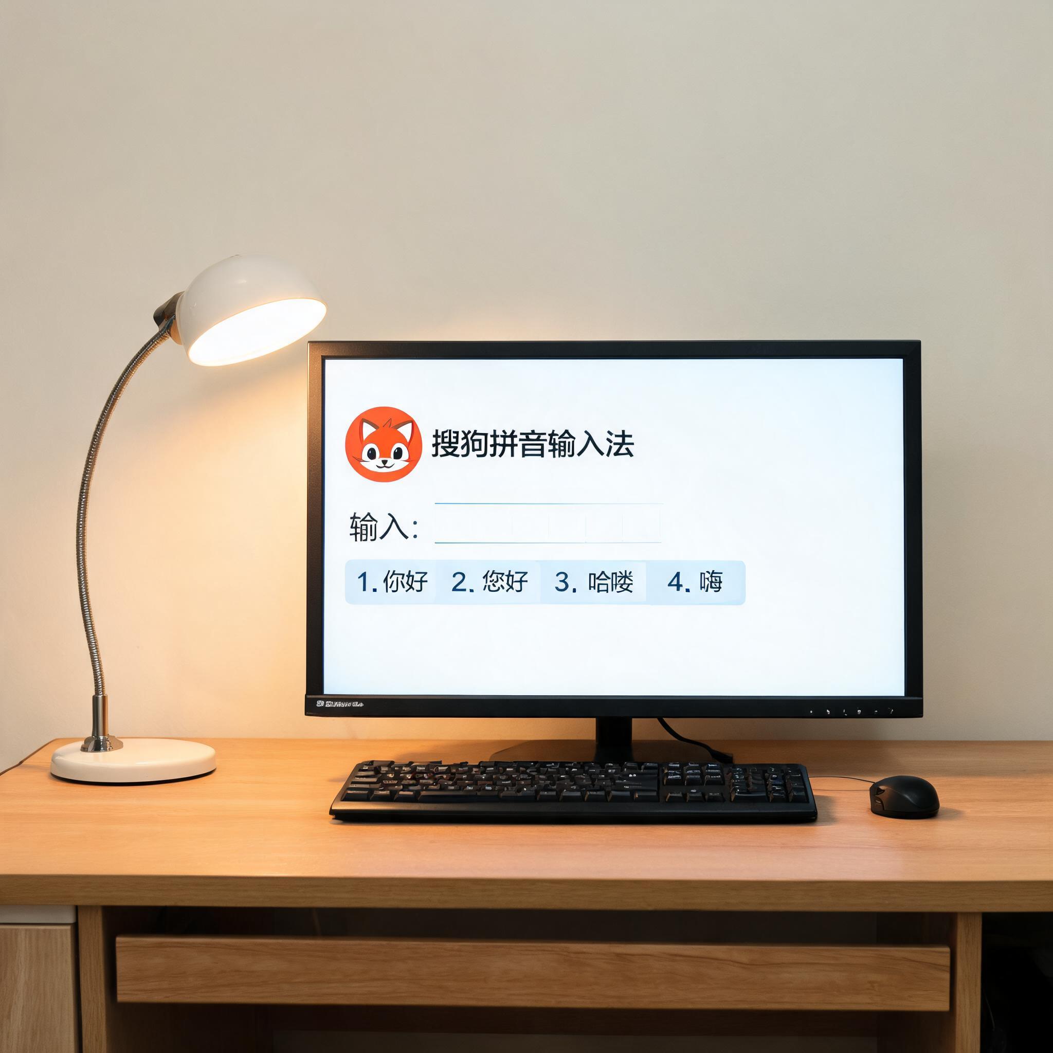 电脑桌上的电脑，屏幕显示搜狗拼音输入法界面，旁边放着台灯