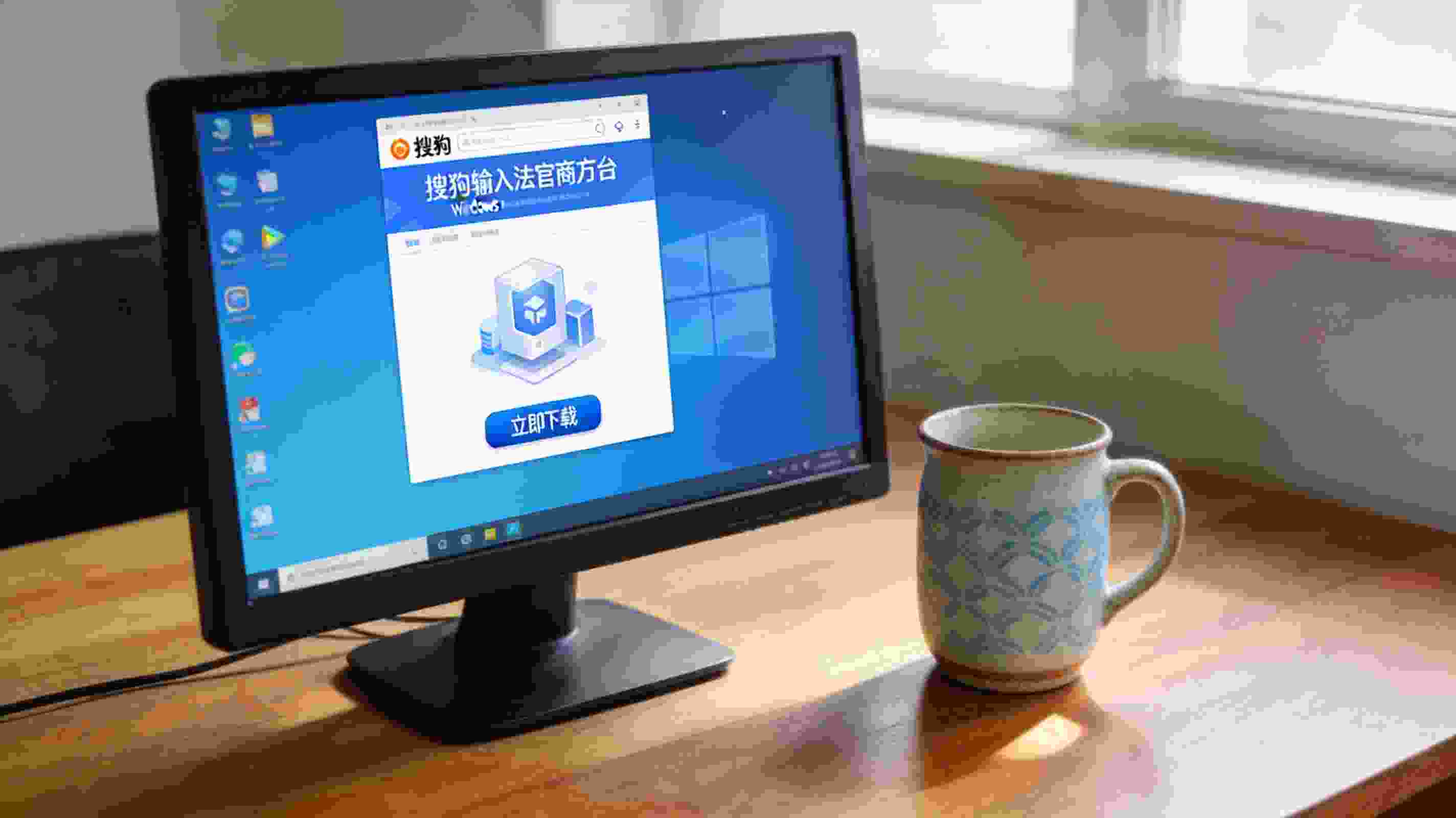 电脑桌的Windows系统电脑，屏幕显示搜狗拼音输入法官方网站页面，页面有清晰的下载入口，旁边放着陶瓷水杯，室内自然光