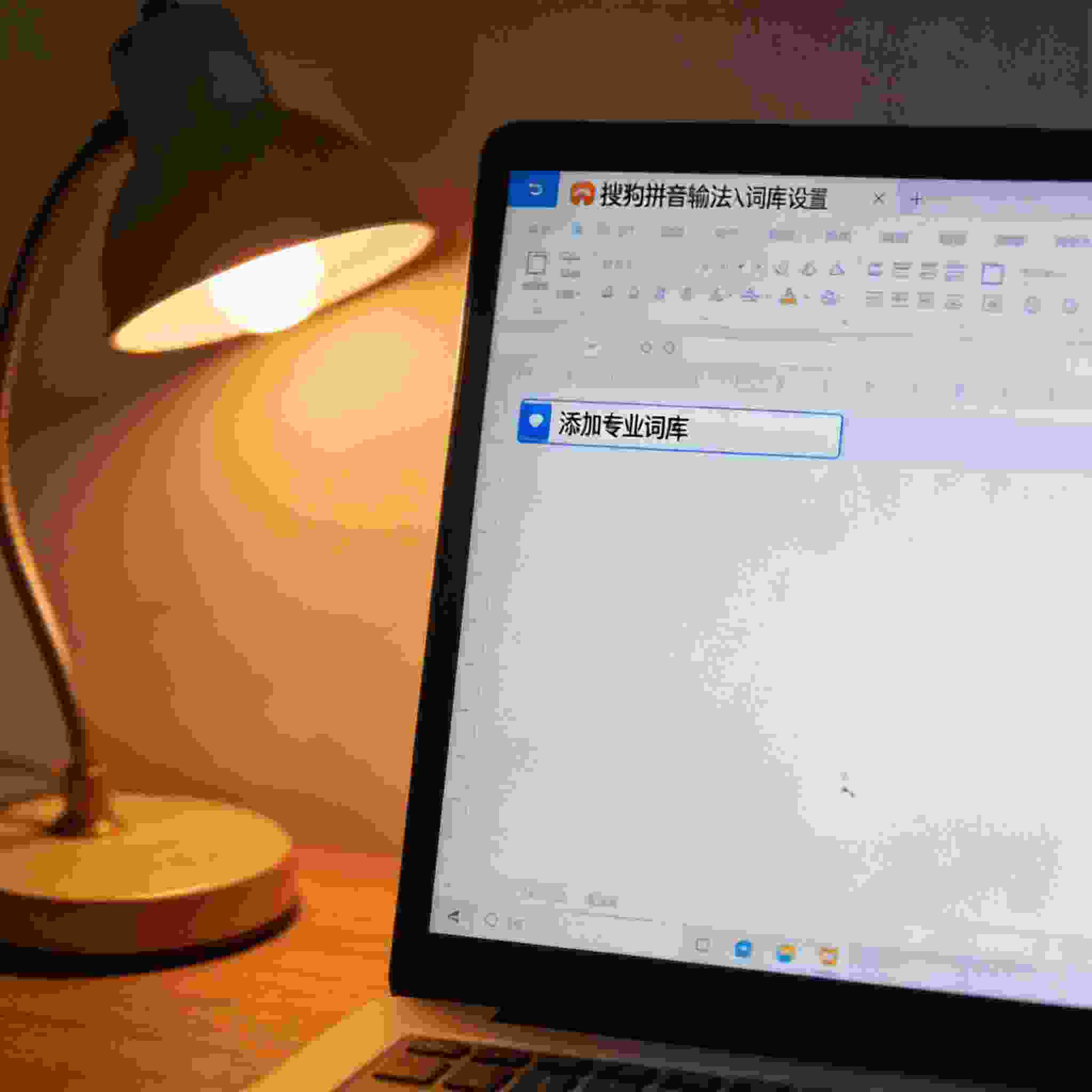 电脑屏幕显示搜狗拼音输入法的词库设置界面，界面上有添加专业词库的选项，桌面一角摆着普通台灯，台灯暖光