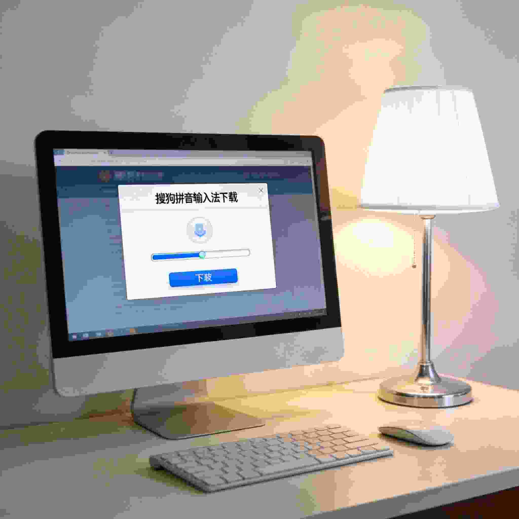 电脑桌上的电脑，屏幕显示搜狗拼音输入法下载界面，旁边放着台灯