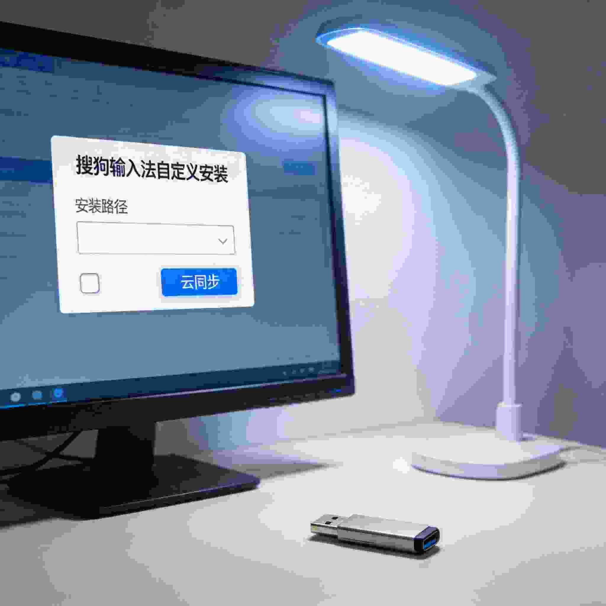 电脑屏幕显示搜狗拼音输入法自定义安装界面，可选择安装路径和云同步选项，旁边的桌面角落放着U盘，台灯冷光