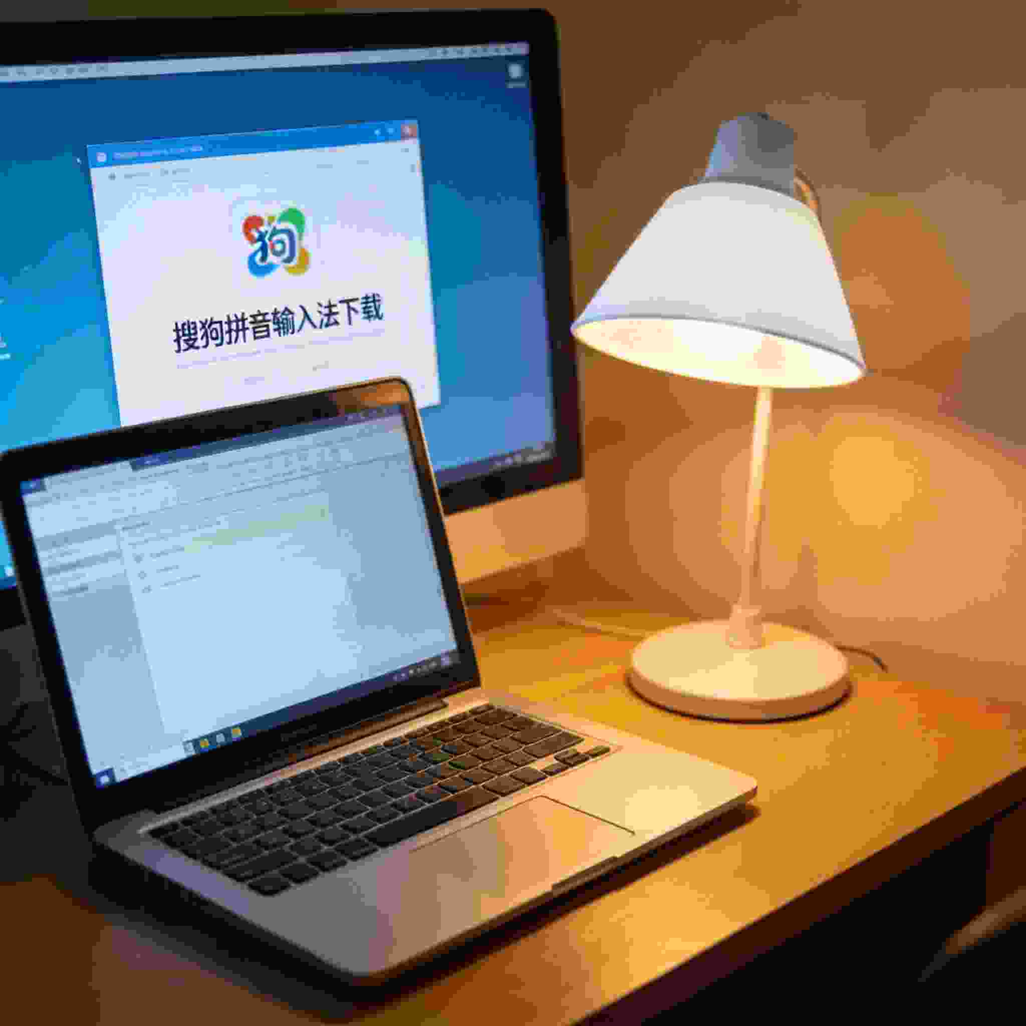 电脑桌上的电脑，屏幕显示搜狗拼音下载界面，旁边放着台灯