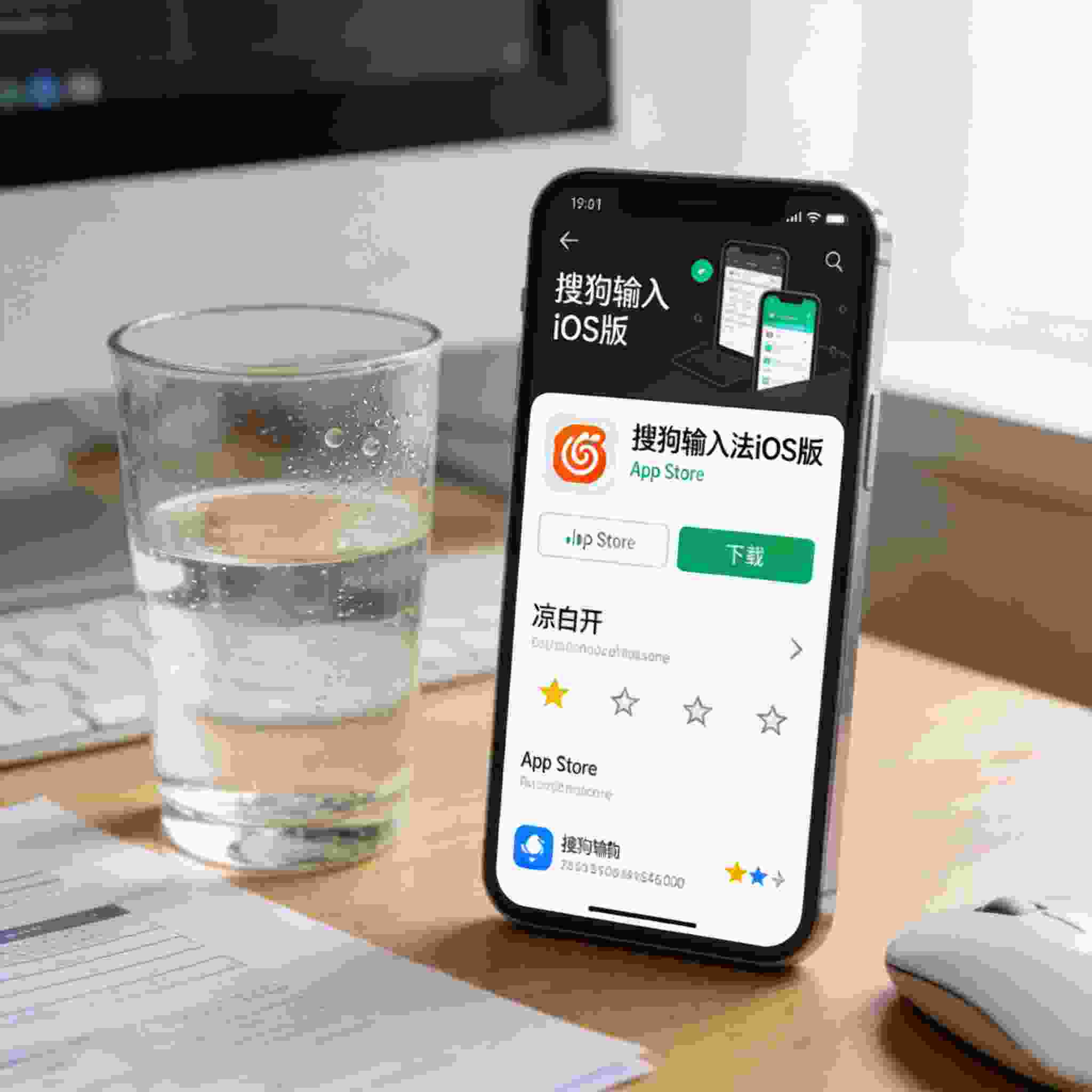 办公桌面的iPhone，屏幕显示App Store里的搜狗拼音输入法iOS版下载界面，旁边放着半杯凉白开，室内自然光