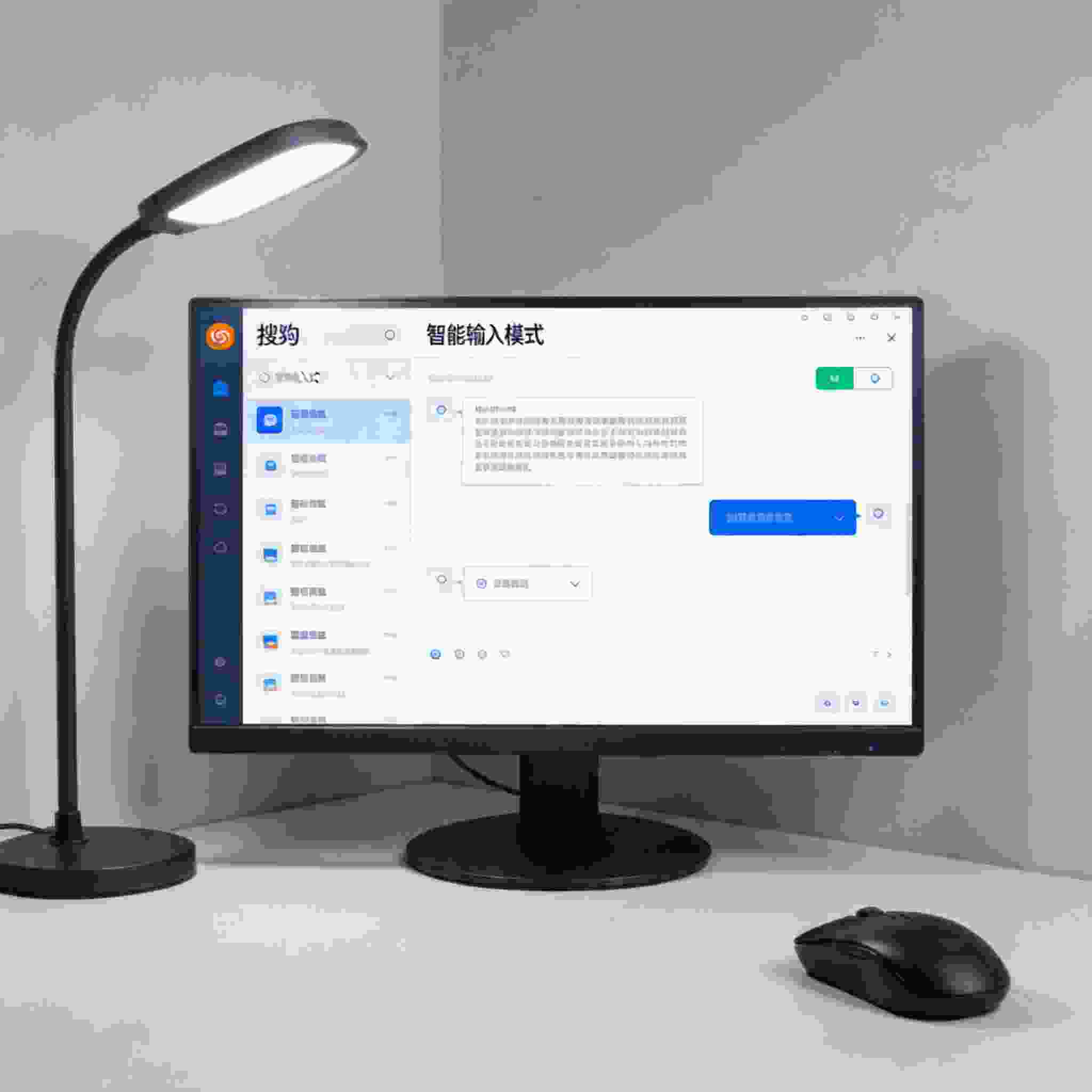 电脑屏幕显示搜狗拼音输入法设置界面，智能输入模式选项展开，桌面角落放着鼠标，台灯冷光