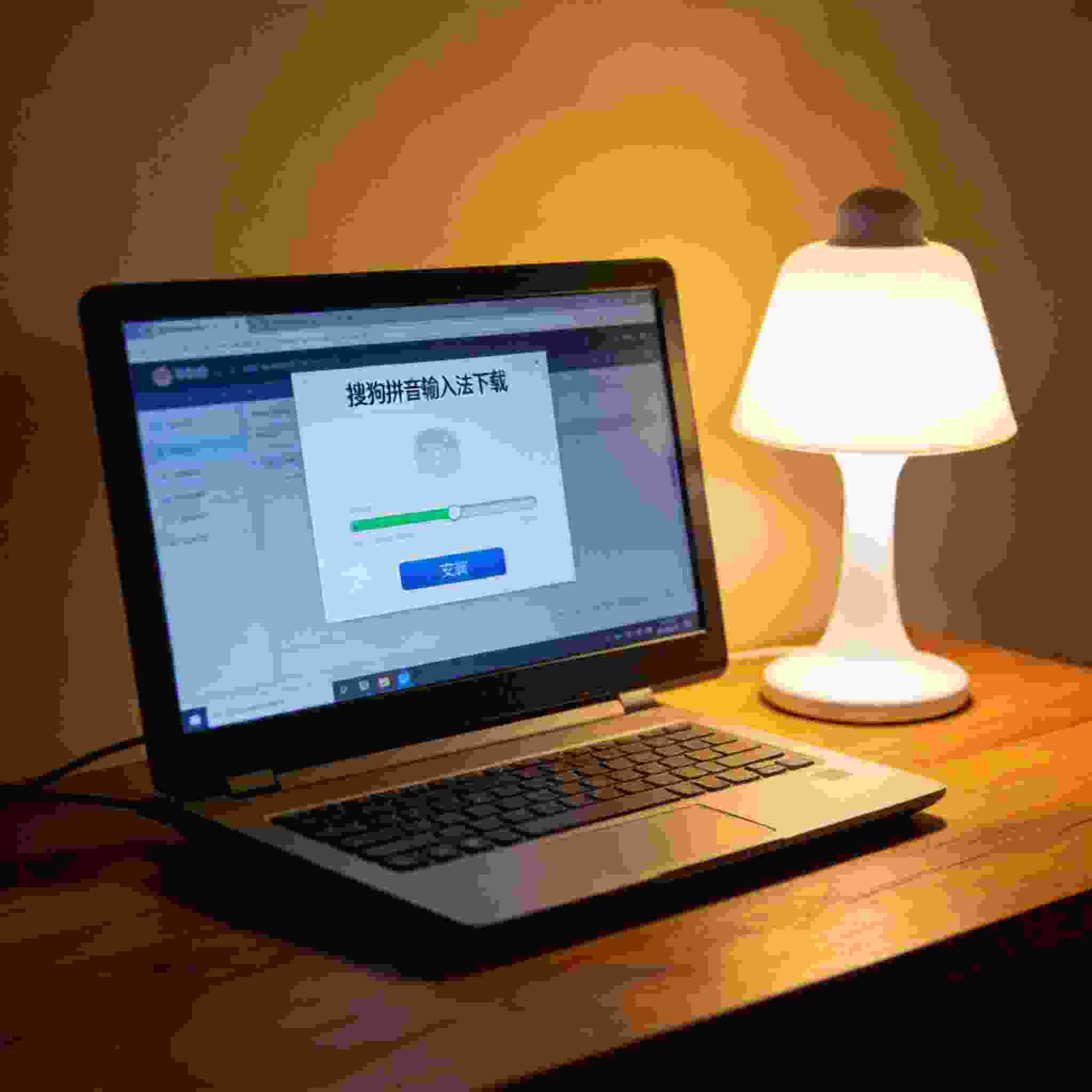 电脑桌上的电脑，屏幕显示搜狗拼音下载界面，旁边放着台灯